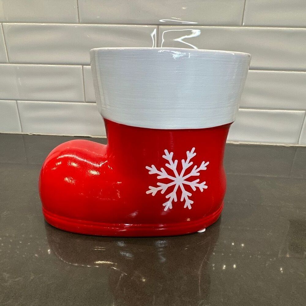 Christmas Santa Boot ceramic planter candle holder red 6" tall snow flake xmas